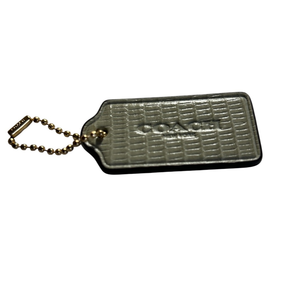 Coach Leather Hangtag Keychain Fob Green/Gray Croc Embossed Logo Bag Charm 2.5”